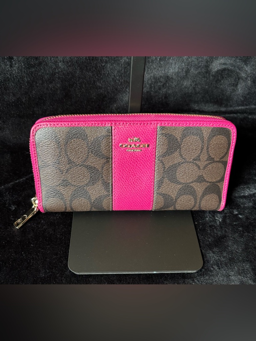 Coach Accordion Zip Around Wallet Brown Fuchsia Signature Canvas & Leather